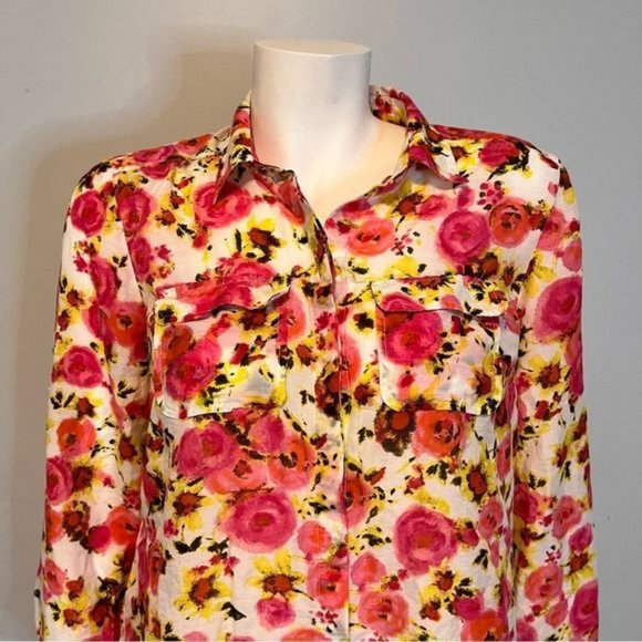 Ann Taylor Women's Double Pocket Long Sleeve Red Cream Print Button Down top US6 - Picture 7 of 10